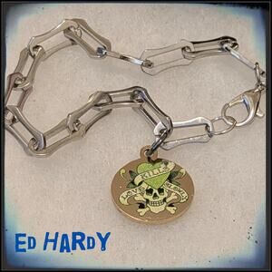 ED HARDY Love Kills Slowly Gold Skull Charm Bracelet On Steel Paperclip Chain 8"